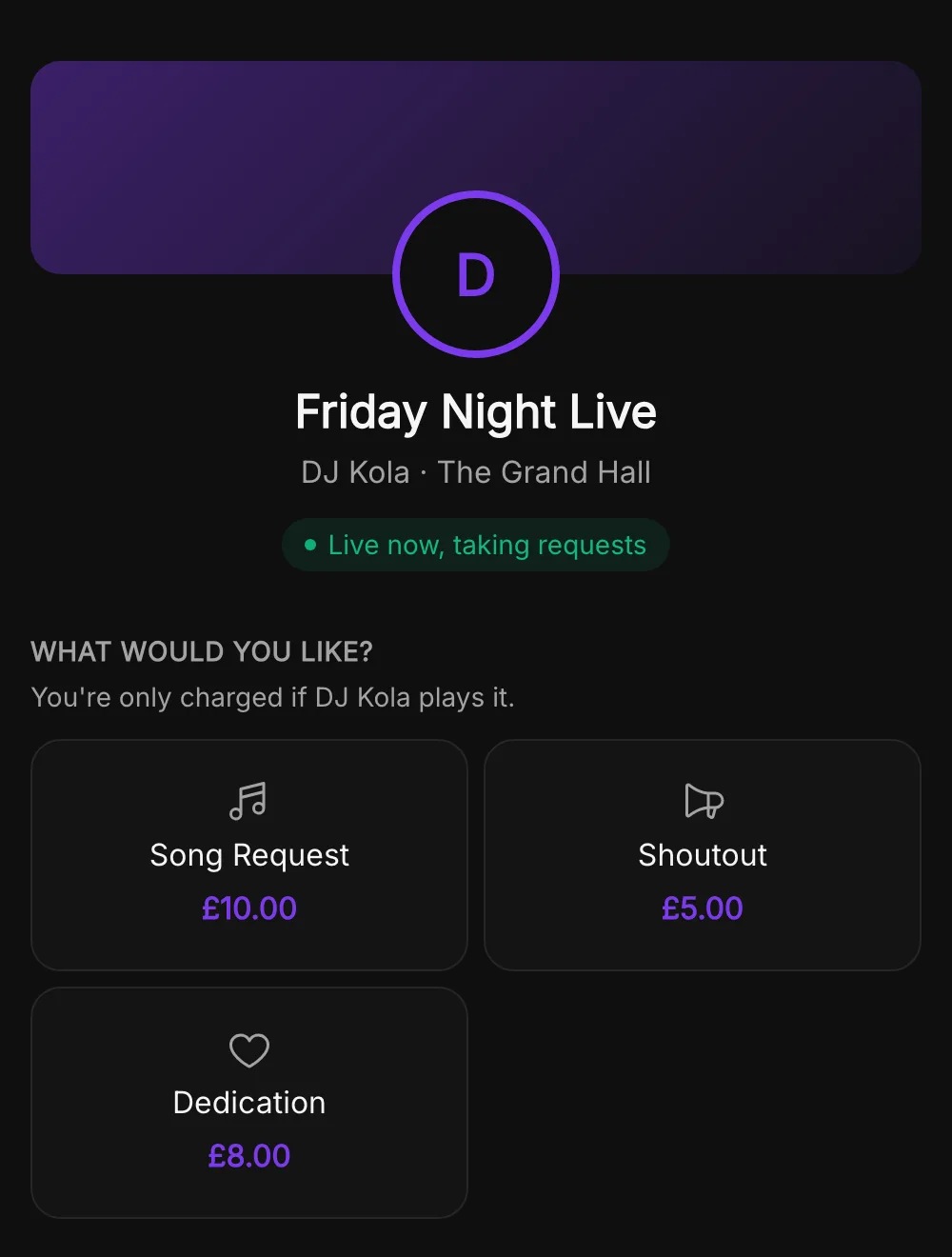 OnCuePay guest screen for Friday Night Live: choose a song request, shoutout or dedication, only charged if the DJ plays it